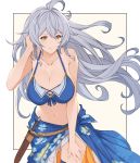  1girl adjusting_hair ahoge bare_shoulders bikini bikini_top braid breasts cleavage collarbone dagger granblue_fantasy large_breasts leaning_forward light_smile long_hair looking_to_the_side navel sarong sheath sheathed silva_(granblue_fantasy) silver_hair simple_background solo swimsuit twin_braids weapon wuming yellow_eyes 