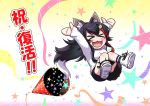  &gt;_&lt; 1girl :3 :d animal_ears arms_up black_hair chibi hair_ornament hairclip highlights hololive kagelantern knees_together_feet_apart long_hair long_sleeves midair multicolored_hair ookami_mio open_mouth party_popper red_hair shoes shorts smile sneakers socks solo star_(symbol) streamers tail very_long_hair wolf_ears wolf_girl wolf_tail xd 