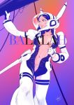  1girl barara_peol barara_peol_(cosplay) brown_hair center_opening character_name cosplay dark_skin facial_mark forehead_mark gundam gundam_g_no_reconguista helmet lalah_sune looking_up mobile_suit_gundam navel pilot_suit pink_eyes pun solo umeno_ryuuji 