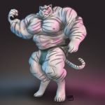  1:1 abs anthro biceps big_muscles bulge chrm clothing digitigrade eyewear felid fur hi_res huge_muscles hyper hyper_muscles jockstrap looking_at_viewer male mammal muscular muscular_anthro muscular_male neon_lights pantherine pecs quads siberian_tiger simple_background solo sunglasses tiger topwear underwear white_body white_fur 