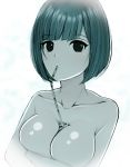  1girl bare_shoulders black_eyes bracketarrow_(1326179361) breast_lift breasts bubble_tea bubble_tea_challenge collarbone drinking_straw highres large_breasts monochrome original short_hair simple_background upper_body white_background 