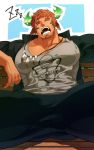  1boy alternate_costume animal_ears bara brown_hair chest covered_abs covered_nipples cowboy_shot darlton facial_hair forked_eyebrows from_below glowing_horns goatee horns jewelry male_focus manly muscle necklace pectorals short_hair sideburns sleeping solo thick_eyebrows thick_thighs thighs tokyo_houkago_summoners wakan_tanka zzz 