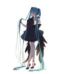  1girl absurdly_long_hair absurdres ankle_lace-up aqua_eyes aqua_hair back_bow bangs bare_legs black_bow black_dress black_footwear bow breasts cross-laced_footwear dress full_body hair_flowing_over hair_ornament hair_over_shoulder hatsune_miku head_tilt highres holding holding_hair jitome long_hair looking_at_viewer shoes simple_background sleeveless sleeveless_dress small_breasts solo standing tiptoes twintails very_long_hair vocaloid white_background wrist_cuffs yukino030yu_ri 