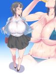  1girl bag bangs bikini black_footwear black_hair black_skirt blue_background blue_bikini blue_cardigan breasts cardigan closed_eyes commentary_request cup drinking drinking_glass eyebrows_visible_through_hair full_body gradient gradient_background halterneck handbag jt_dong-agyoku kantai_collection large_breasts miniskirt navel open_mouth ribbed_shirt shirt short_hair sidelocks sitting skirt sleeveless sleeveless_shirt standing sweat swimsuit takao_(kantai_collection) thighs underboob 