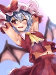  1girl :d armpits arms_behind_head arms_up ascot bangs bat_wings blue_hair blurry blurry_background blush bow breasts cosplay detached_sleeves eyebrows_visible_through_hair fang hakurei_reimu hakurei_reimu_(cosplay) hat kerotsupii_deisuku light_rays mob_cap navel one_eye_closed open_mouth petticoat red_bow red_eyes red_skirt remilia_scarlet short_hair skirt sky small_breasts smile standing sunbeam sunlight touhou upper_body wings 