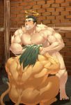  2boys abs animal_ears arsalan_(tokyo_houkago_summoners) ass bad_feet bara black_hair chest completely_nude couple darlton facial_hair full_body furry green_hair halo hands_on_another&#039;s_head highres implied_fellatio lion_boy lion_ears lion_tail male_focus multiple_boys muscle nipples nude pectorals short_hair stubble tail textless thick_thighs thighs tokyo_houkago_summoners yaoi zabaniya_(tokyo_houkago_summoners) 