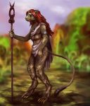  4_breasts albion_(game) alien anthro areola armband armlet blue_eyes blurred_background breasts brown_body brown_fur cloak clothing felid feline female fur hair hi_res ineffective_clothing iskai leopard_spots long_hair mammal marumo multi_breast navel plant red_hair sira_(albion) solo spots staff 