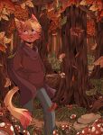  2018 anthro autumn bottomwear cheek_tuft clothed clothing detailed_background domestic_cat facial_tuft felid feline felis fully_clothed fungus fur head_tuft hi_res hoodie inner_ear_fluff leaf mammal multicolored_body multicolored_fur mushroom open_mouth open_smile orange_body orange_fur outside pants scarf sherwind smile solo topwear tuft two_tone_body two_tone_fur whiskers yellow_body yellow_fur 