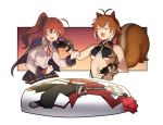  animal_ears birthday blazblue blush body_pillow breasts brown_hair cape celica_a_mercury frip gift gloves hair_ornament highres makoto_nanaya open_mouth ponytail presenting ragna_the_bloodedge ribbon short_hair skirt squirrel_ears squirrel_girl squirrel_tail tail underboob 