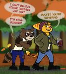  anthro autumn beanie beverage boots brown_body brown_fur clothing cold comic crossed_arms cup detailed_background dialogue duo english_text footwear fur ggponk guardians_of_the_galaxy hat headgear headwear hi_res lombax looking_at_another looking_at_partner male male/male mammal marvel outside procyonid public raccoon ratchet ratchet_and_clank rocket_raccoon romantic_couple sleeveless sony_corporation sony_interactive_entertainment stripes sunset text tree video_games yellow_body yellow_fur 