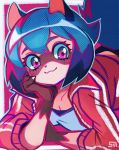  2020 abstract_background anthro arm_support blue_hair blush brand_new_animal brown_body brown_fur canid canine clothed clothing cute_expression digital_media_(artwork) english_text female fluffy fluffy_tail fur hair hi_res jacket leaning_on_elbow looking_at_viewer mammal markings michiru_kagemori pink_eyes raccoon_dog signature solo studio_trigger suizilla tanuki text topwear 