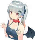  1girl ahoge bangs bare_shoulders bat_girl bat_hair_ornament bat_wings black_nails blurry blush closed_mouth collar collarbone eyebrows_visible_through_hair fang fingernails frills grey_hair hair_ornament highres light_blush long_hair looking_at_viewer mini_wings original pointy_ears red_collar red_eyes ryou_(ponpgo) shiny shiny_hair simple_background smile solo twintails upper_body white_background wings 