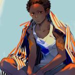  1boy afro bare_arms bare_shoulders black_eyes blanket blue_background bodypaint butterfly_sitting closed_mouth dark_skin dark_skinned_male feet_out_of_frame iwamoto_zerogo lips looking_at_viewer male_focus original sanpaku shorts simple_background sitting solo striped tank_top under_covers 