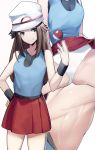  1girl ass blue_shirt breasts brown_eyes brown_hair cameltoe closed_mouth cowboy_shot hand_on_hip hat highres leaf_(pokemon) lifted_by_self long_hair looking_at_viewer medium_breasts miniskirt motion_blur panties pleated_skirt poke_ball pokemon pokemon_(game) pokemon_frlg red_skirt shiny shiny_hair shirt skirt skirt_lift sleeveless sleeveless_shirt smile solo standing underwear very_long_hair white_background white_headwear white_panties wristband yuuyuu_(yuuki1771) 