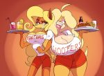  activision anthro bandicoot beverage big_breasts blonde_hair bottomwear breasts chicken_wings cleavage clothed clothing crash_bandicoot_(series) daredemon7000 duo eyelashes female food fries hair hair_over_eye hi_res hooters hotpants huge_breasts mammal marsupial one_eye_obstructed open_mouth shorts soda square_crossover tawna_bandicoot video_games 