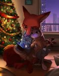  2020 anthro barefoot black_pawpads bottomwear building canid canine christmas christmas_tree city clothed clothing detailed_background disney duo fluffy fluffy_tail fox fully_clothed fur grey_body grey_fur hi_res holidays inside judy_hopps lagomorph leporid mammal nick_wilde orange_body orange_fur pants pawpads rabbit red_fox relaxable relaxablefur sitting smile sweater topwear tree window zootopia 