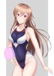  1girl absurdres breasts brown_hair commentary_request competition_swimsuit cowboy_shot furen_e_lustario grey_background hair_between_eyes highres kickboard long_hair looking_at_viewer medium_breasts multicolored multicolored_clothes multicolored_swimsuit nijisanji one-piece_swimsuit red_eyes solo standing swimsuit two-tone_background virtual_youtuber yamamoto_magoroku 