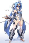  1girl ahoge android blue_hair breasts character_name closed_mouth commentary_request full_body gradient gradient_background highres karukan_(monjya) kos-mos long_hair looking_at_viewer medium_breasts pink_eyes solo standing striped thighs vertical_stripes white_background xenosaga 
