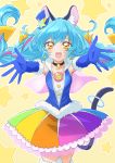  1girl :d absurdres animal_ear_fluff animal_ears bangs black_choker blue_gloves blue_hair blue_headwear blue_jacket cat_ears cat_tail choker collarbone cowboy_shot cure_cosmo elbow_gloves floating_hair fur-trimmed_gloves fur-trimmed_legwear fur_trim gloves hair_between_eyes hat hat_ornament highlights highres jacket layered_skirt long_hair looking_at_viewer mini_hat miniskirt multicolored multicolored_clothes multicolored_hair multicolored_skirt open_mouth outstretched_arms pleated_skirt precure reaching_out sharumon skirt sleeveless sleeveless_jacket smile solo standing star_(symbol) star_hat_ornament star_twinkle_precure tail thighhighs very_long_hair yellow_eyes zettai_ryouiki 