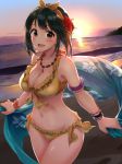  1girl absurdres bangs bare_shoulders beach bikini blush bracelet breasts cleavage collarbone commentary cowboy_shot floral_print flower frilled_bikini frills green_hair hair_flower hair_ornament hairband hibiscus highres holding horizon idolmaster idolmaster_(classic) jewelry mole mole_under_mouth navel necklace ocean open_mouth otonashi_kotori outdoors red_flower sand short_hair side-tie_bikini smile solo standing sun swimsuit syuichi thighs water yellow_bikini yellow_eyes 