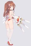  1girl ass back backless_outfit bangs bare_back bare_shoulders blade_(galaxist) blush breasts brown_eyes brown_hair character_request closed_mouth copyright_request detached_sleeves flower frilled_sleeves frills from_behind hair_flower hair_ornament holding holding_knife knife long_hair looking_at_viewer looking_back panties red_footwear red_panties shoulder_blades simple_background sleeves_past_fingers sleeves_past_wrists smile solo standing symbol_commentary thighhighs thong two_side_up underwear white_legwear wide_sleeves 