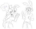  absurd_res anthro blush bodily_fluids choker clothing dale_(ponehanon) duo female hi_res hoodie jewelry lagomorph leporid lizielewddle male mammal necklace nervous nervous_smile rabbit sweat thought_bubble topwear 