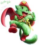  adventures_on_coconut_island anthro belt blue_eyes capitan_plin felid fur gold_(metal) golden_sword green_body green_fur green_hair hair jumping male mammal melee_weapon open_mouth open_smile pose red_beret red_boots red_cape simple_background smile solo sword weapon white_background zoruken 