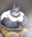  2020 anhrmgzo anthro belly black_nose blush bottomwear bulge clothing controller eyes_closed game_controller kemono male overweight overweight_anthro overweight_male shirt shorts solo tokyo_afterschool_summoners topwear tsathoggua video_games 