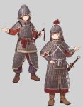  2girls :&lt; armor black_hair boots chinese_armor chinese_clothes commentary_request fangdan_runiu faulds full_armor grey_background hand_on_hip helmet lamellar_armor medieval multiple_girls original sheath sheathed shoulder_armor soldier sword vambraces weapon yellow_eyes 