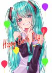  1girl arm_tattoo balloon blue_eyes blue_hair blue_neckwear blush commentary detached_sleeves english_text fingers_to_chin happy_birthday hatsune_miku highres long_hair looking_at_viewer mendakoyaki necktie smile solo tattoo twintails upper_body vocaloid white_background 