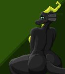  anthro big_butt black_body breasts butt curvy_figure digital_media_(artwork) dragon female green_background green_body green_eyes green_horn green_scales horn kaya_(knockedoutdragon) knockedoutdragon looking_at_viewer looking_back pixel_(artwork) rear_view scales side_boob simple_background solo wingless_dragon 