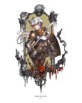  1girl absurdres armor belt blonde_hair breastplate brown_pants copyright_name cowboy_shot dark_souls dark_souls_iii embers eye_mask fire fire_keeper full_armor gauntlets glowing glowing_eyes greaves green_eyes grey_hair helm helmet highres holding holding_shield holding_sword holding_weapon hood hood_up jay_b_lee long_hair looking_at_viewer lorian_(elder_prince) lothric_(younger_prince) nameless_king pants pauldrons red_eyes shield shoulder_armor solo_focus soul_of_cinder souls_(from_software) sword weapon white_background yhorm_the_giant 