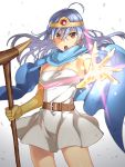  1girl abo_(hechouchou) absurdres ahoge aqua_hair belt buckle cape circlet commentary dragon_quest dragon_quest_iii dress elbow_gloves gloves highres magic open_mouth reaching_out red_eyes sage_(dq3) scarf solo staff yellow_gloves 