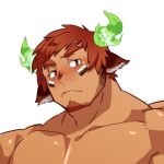  1boy animal_ears bara blush brown_hair chest darlton face facial_hair forked_eyebrows glowing_horns goatee horns male_focus manly muscle pectorals portrait shirtless short_hair sideburns solo thick_eyebrows tokyo_houkago_summoners upper_body wakan_tanka white_background 