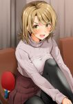  1girl absurdres bangs black_legwear blonde_hair blush brown_skirt grey_sweater highres isshiki_akane isshiki_iroha long_sleeves looking_at_viewer miniskirt nakamachi_machi open_mouth panties panties_under_pantyhose pantyhose pleated_skirt ribbed_sweater shiny shiny_hair short_hair sitting skirt solo sweater underwear yahari_ore_no_seishun_lovecome_wa_machigatteiru. yellow_eyes 