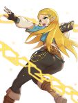  1girl ass black_legwear blonde_hair boots breasts brown_footwear chain feet_out_of_frame from_behind gonzarez highres long_hair magic medium_breasts open_mouth pantyhose pointy_ears princess_zelda sheikah_slate simple_background solo the_legend_of_zelda the_legend_of_zelda:_breath_of_the_wild white_background 