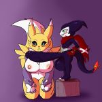  1:1 absurd_res anthro azureinthedark big_breasts big_penis bodily_fluids breasts canid canine digimon digimon_(species) drooling duo female fox genitals hi_res humanoid imminent_sex imp impmon kneeling male male/female mammal penis renamon saliva 