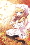  1girl adapted_costume ametama_(runarunaruta5656) autumn autumn_leaves bangs black_legwear blonde_hair blue_eyes blurry_foreground blush bow bowtie brown_bow brown_footwear brown_neckwear brown_scarf capelet cherry_blossom_print commentary_request dress fairy_wings falling_leaves floral_print full_body hair_bow hand_on_own_chest hands_up knees_together_feet_apart leaf lily_white loafers long_hair looking_at_viewer open_mouth pantyhose plaid plaid_scarf scarf shoes sidelocks sitting solo touhou transparent_wings very_long_hair wariza white_capelet white_dress white_headwear wings 