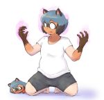  anthro biped blue_hair brand_new_animal brown_body brown_fur canid canine fur hair human human_to_anthro male mammal mid_transformation plushie raccoon_dog simple_background solo species_transformation studio_trigger subakitsu transformation white_background 