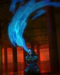  1girl armor arms_behind_back avatar:_the_last_airbender avatar_(series) azula blue_fire bound bound_arms breathing_fire closed_eyes devin_elle_kurtz element_bending fire hair_down highres long_hair open_mouth pillar solo 