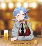  1girl alcohol bangs bbuni beer_mug blue_hair blurry blurry_background blush breasts chiebukuro_setsuka closed_eyes closed_mouth collared_shirt commentary_request cup danganronpa facing_viewer grey_sweater hair_ornament hand_on_own_cheek hand_on_own_face happy_birthday highres korean_commentary large_breasts long_sleeves mug necktie shirt short_hair sitting smile solo striped striped_shirt striped_sweater super_danganronpa_another_2 sweater tie_clip upper_body vest wing_collar 