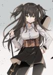  1girl bangs black_hair black_legwear black_skirt breasts cowboy_shot denken eyebrows_visible_through_hair frown gradient gradient_background grey_background hand_on_hip high-waist_skirt highres holding_strap instrument_case long_hair long_sleeves looking_at_viewer medium_breasts meme_attire open_collar partially_unbuttoned pouch sanpaku shirt sidelocks skirt solo standing to_aru_kagaku_no_railgun to_aru_majutsu_no_index tsurime two_side_up underbust virgin_killer_outfit white_shirt wristband yellow_eyes yumiya_rakko 