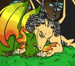  absurd_res blep claws cuddling curved_horn dragon duo female feral gold_scales green_body green_scales hi_res horn male male/female nathugar nightingalelost scales scalie tongue tongue_out wings yellow_eyes 