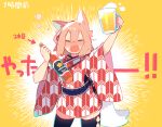  1girl animal_ears arm_up beer_mug blush bottle closed_eyes cup fox_ears fox_tail hair_between_eyes highres holding holding_bottle holding_cup japanese_clothes kimono long_sleeves mug obi open_mouth orange_hair pekeko_(pepekekeko) phantasy_star phantasy_star_online_2 pointer red_eyes sash shima_(pepekekeko) short_hair short_kimono solo tail thighhighs tipsy translation_request upper_body wide_sleeves yagasuri yellow_background zettai_ryouiki 