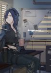  1girl angelia_(girls_frontline) armor black_shirt blinds blue_hair breasts character_name cleavage computer cup english_commentary file_cabinet girls_frontline gun hair_over_one_eye hair_up handgun headset holding holding_cup holster indoors laptop large_breasts long_hair looking_to_the_side midriff mik_bla multiple_straps navel pants parted_lips picture_(object) pistol prosthesis prosthetic_arm shirt table weapon whiteboard window 