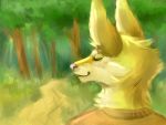  4:3 anthro big_ears canid canine fennefox fluffy forest fox fur male mammal outside smile solo tree utro valley yellow_body yellow_fur 