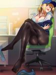  1girl absurdres artoria_pendragon_(all) ass baseball_cap bikini black_legwear blue_jacket breasts cleavage crossed_legs fate/grand_order fate_(series) hat highres jacket large_breasts looking_at_viewer mysterious_heroine_xx_(foreigner) pantyhose shoes_removed sitting smile solo suppa_(hagakuresuppa) swimsuit white_bikini 