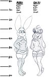  abbi_(kilinah) anthro barefoot big_breasts breasts chart clothing dress duo female giant_panda hair height_chart hi_res lagomorph legwear leporid long_ears long_hair lunarspy mammal monochrome number rabbit shi_yu_(lunarspy) short_tail stockings text ursid wide_hips 