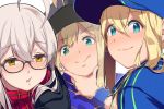  3girls absurdres ahoge artoria_pendragon_(all) baseball_cap black-framed_eyewear blonde_hair blue_eyes blue_jacket blue_scarf blush eyebrows_visible_through_hair fate/grand_order fate_(series) glasses hair_between_eyes hat highres jacket long_hair looking_at_viewer multiple_girls mysterious_heroine_x mysterious_heroine_x_(alter) mysterious_heroine_xx_(foreigner) plaid plaid_scarf red_scarf scarf suppa_(hagakuresuppa) track_jacket yellow_eyes 