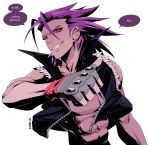  1boy abs antenna_hair coldsteel_the_hedgehog ear_piercing fang fingerless_gloves gloves grin highres humanization jacket male_focus meme open_clothes open_jacket piercing pikat purple_hair purple_skin red_eyes simple_background sleeveless smile solo sonic_the_hedgehog thumbs_up typo white_background zipper 
